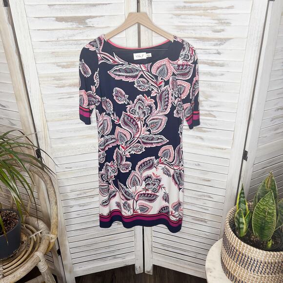 Eliza J Bold Floral Print Knee Length Shift Dress Navy 6 Elbow Sleeves 6 Bandana - Picture 14 of 15